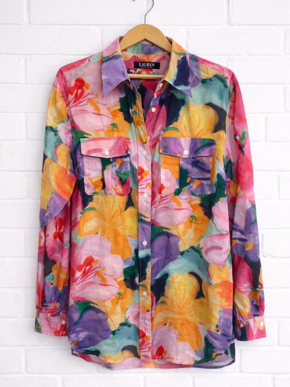 Lauren Ralph Lauren Floral Watercolor Button-Up Blouse | Multicolor | Size M NWT - Picture 2 of 5